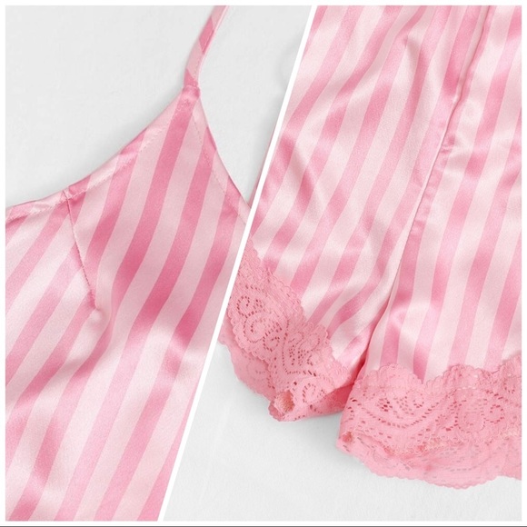 New Pink Striped Satin Silk-Like Lace Pajama Set​ - Picture 3 of 4